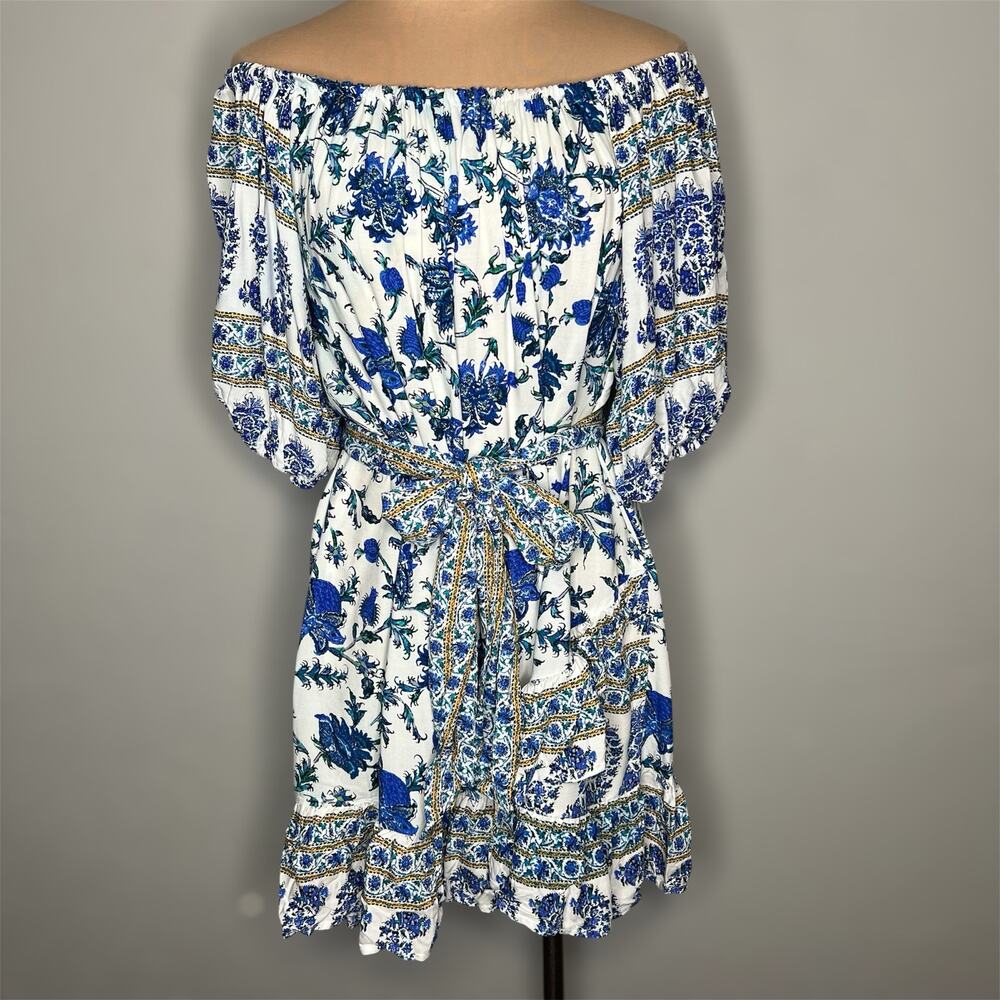 Nicole Miller Artelier Dress XS Womens Blue Off The Shoulder Belted Puff Sleeve